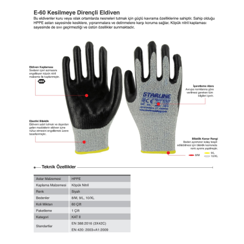 Starline E-60 1/2 Köpük Nitril Kaplı HDPE Astarlı C Kesilmez Eldiven EN388-3X42C