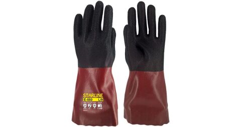 Starline E-550 PVC+Köpük Nitril Kaplı Pamuk Lif Astarlı Kimyasal Eldiven 350mm EN388-4131X EN ISO 374-1 AKLMPT EN374-5