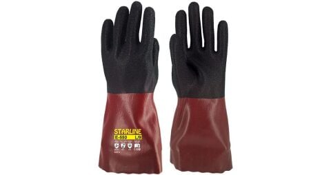 Starline E-550 PVC+Köpük Nitril Kaplı Pamuk Lif Astarlı Kimyasal Eldiven 350mm EN388-4131X EN ISO 374-1 AKLMPT EN374-5