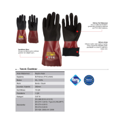 Starline E-550 PVC+Köpük Nitril Kaplı Pamuk Lif Astarlı Kimyasal Eldiven 350mm EN388-4131X EN ISO 374-1 AKLMPT EN374-5