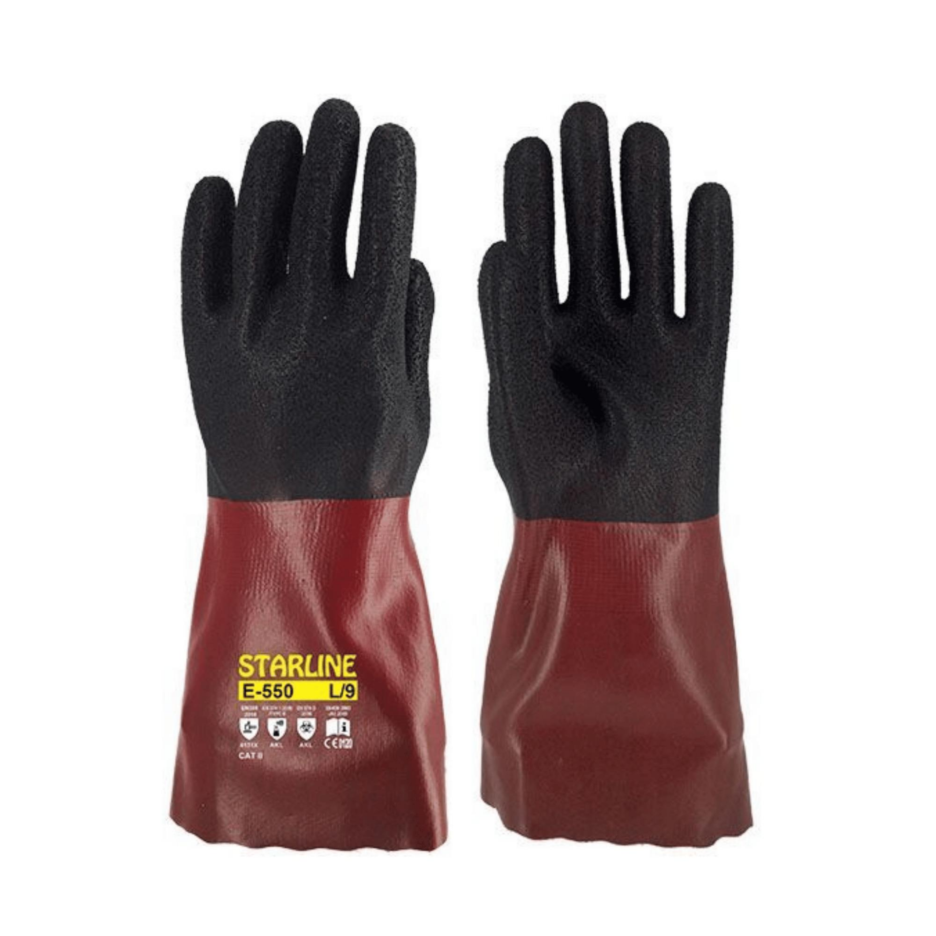 Starline E-550 PVC+Köpük Nitril Kaplı Pamuk Lif Astarlı Kimyasal Eldiven 350mm EN388-4131X EN ISO 374-1 AKLMPT EN374-5 10