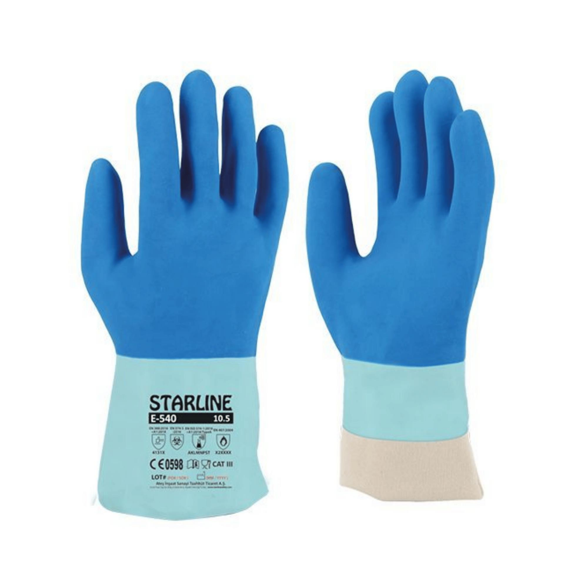 Starline E-540 Doğal Kauçuk 250° Isıya Dayanıklı Kimyasal Eldiven Kalınlık:1,40mm Uzunluk300mm EN388-4131X EN ISO 374-1 AKLMNPST EN374-5 EN407-X2XXXX