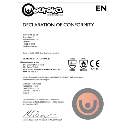Eureka Elektrik Ark Eldiveni 100° Isıya Dayanıklı (E) Kesilme Dirençli İş Eldiveni