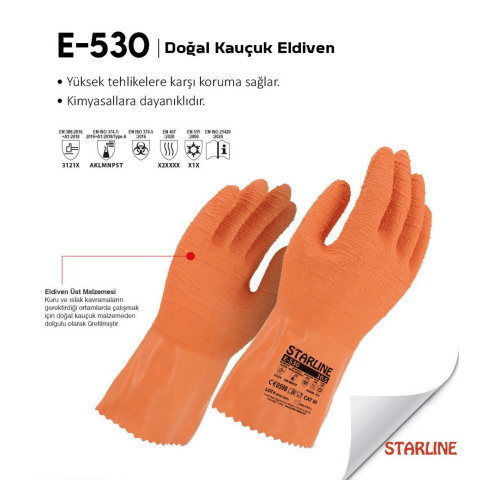 Starline E-530 Doğal Kauçuk 250° Isıya Dayanıklı Kimyasal Eldiven Kalınlık: 1,80mm Uzunluk: 300mm