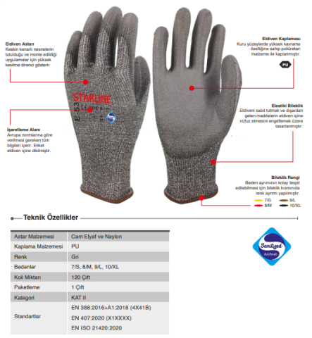 Starline E-53 1/2 PU (Poliüretan) Kaplı Dikişsiz Cam Elyaf ve Naylon Astarlı B Kesilmez Eldiven EN388-4X41B