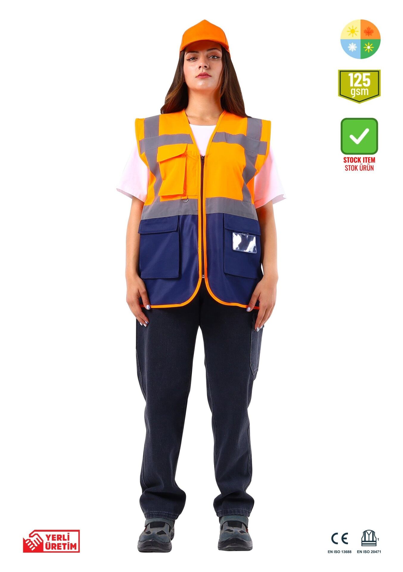 SafeSawa Alaska Hi-Vis Mühendis Yelek Neon Turuncu Lacivert Reflektörlü 125 Gr