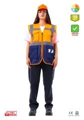 SafeSawa Alaska Hi-Vis Mühendis Yelek Neon Turuncu Lacivert Reflektörlü 125 Gr