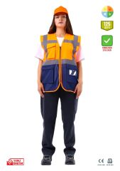 SafeSawa Alaska Hi-Vis Mühendis Yelek Neon Turuncu Lacivert Reflektörlü 125 Gr