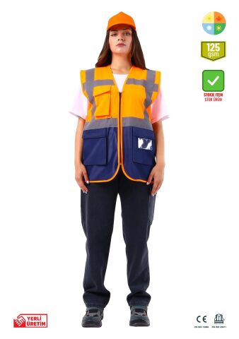 SafeSawa Alaska Hi-Vis Mühendis Yelek Neon Turuncu Lacivert Reflektörlü 125 Gr