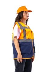 SafeSawa Alaska Hi-Vis Mühendis Yelek Neon Turuncu Lacivert Reflektörlü 125 Gr