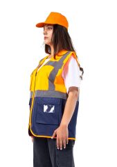 SafeSawa Alaska Hi-Vis Mühendis Yelek Neon Turuncu Lacivert Reflektörlü 125 Gr