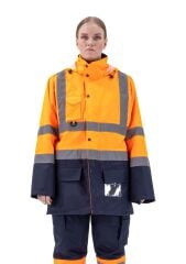 SafeSawa Alaska Hi-Vis 5 in 1 Parka Neon Turuncu Lacivert Reflektörlü %100 Polyester 300D Oxford PU Kaplı