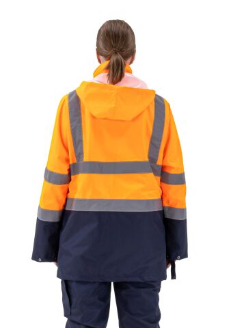 SafeSawa Alaska Hi-Vis 5 in 1 Parka Neon Turuncu Lacivert Reflektörlü %100 Polyester 300D Oxford PU Kaplı