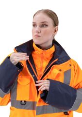 SafeSawa Alaska Hi-Vis 5 in 1 Parka Neon Turuncu Lacivert Reflektörlü %100 Polyester 300D Oxford PU Kaplı