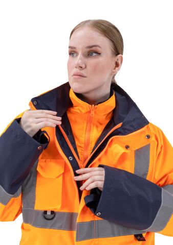 SafeSawa Alaska Hi-Vis 5 in 1 Parka Neon Turuncu Lacivert Reflektörlü %100 Polyester 300D Oxford PU Kaplı