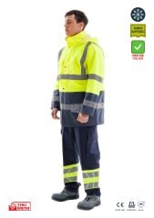 SafeSawa Alaska Hi-Vis Parka Neon Sarı Lacivert Reflektörlü %100 Polyester 300D Oxford PU Kaplı