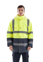 SafeSawa Alaska Hi-Vis Parka Neon Sarı Lacivert Reflektörlü %100 Polyester 300D Oxford PU Kaplı