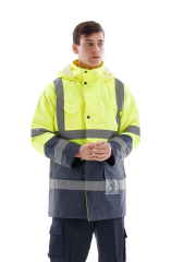 SafeSawa Alaska Hi-Vis Parka Neon Sarı Lacivert Reflektörlü %100 Polyester 300D Oxford PU Kaplı