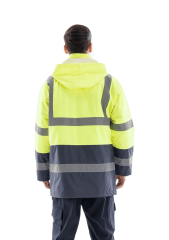 SafeSawa Alaska Hi-Vis Parka Neon Sarı Lacivert Reflektörlü %100 Polyester 300D Oxford PU Kaplı