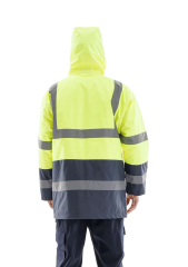 SafeSawa Alaska Hi-Vis Parka Neon Sarı Lacivert Reflektörlü %100 Polyester 300D Oxford PU Kaplı