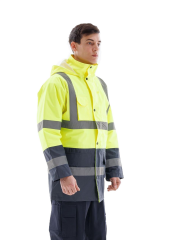 SafeSawa Alaska Hi-Vis Parka Neon Sarı Lacivert Reflektörlü %100 Polyester 300D Oxford PU Kaplı