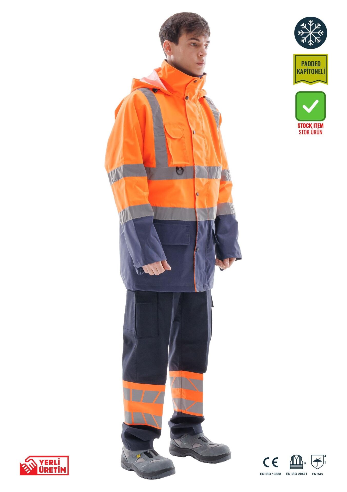 SafeSawa Alaska Hi-Vis Parka Neon Turuncu Lacivert Reflektörlü %100 Polyester 300D Oxford PU Kaplı