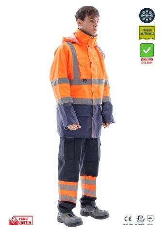 SafeSawa Alaska Hi-Vis Parka Neon Turuncu Lacivert Reflektörlü %100 Polyester 300D Oxford PU Kaplı