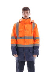 SafeSawa Alaska Hi-Vis Parka Neon Turuncu Lacivert Reflektörlü %100 Polyester 300D Oxford PU Kaplı
