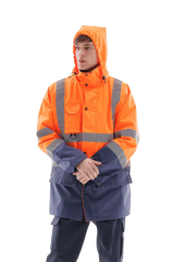 SafeSawa Alaska Hi-Vis Parka Neon Turuncu Lacivert Reflektörlü %100 Polyester 300D Oxford PU Kaplı