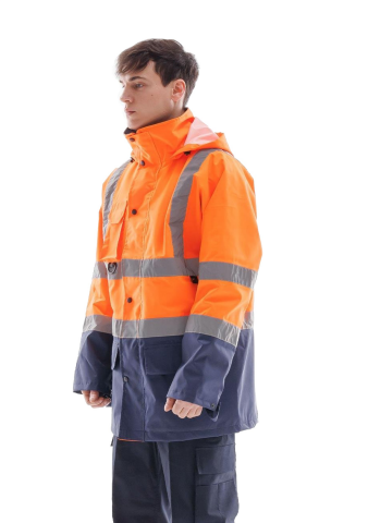 SafeSawa Alaska Hi-Vis Parka Neon Turuncu Lacivert Reflektörlü %100 Polyester 300D Oxford PU Kaplı