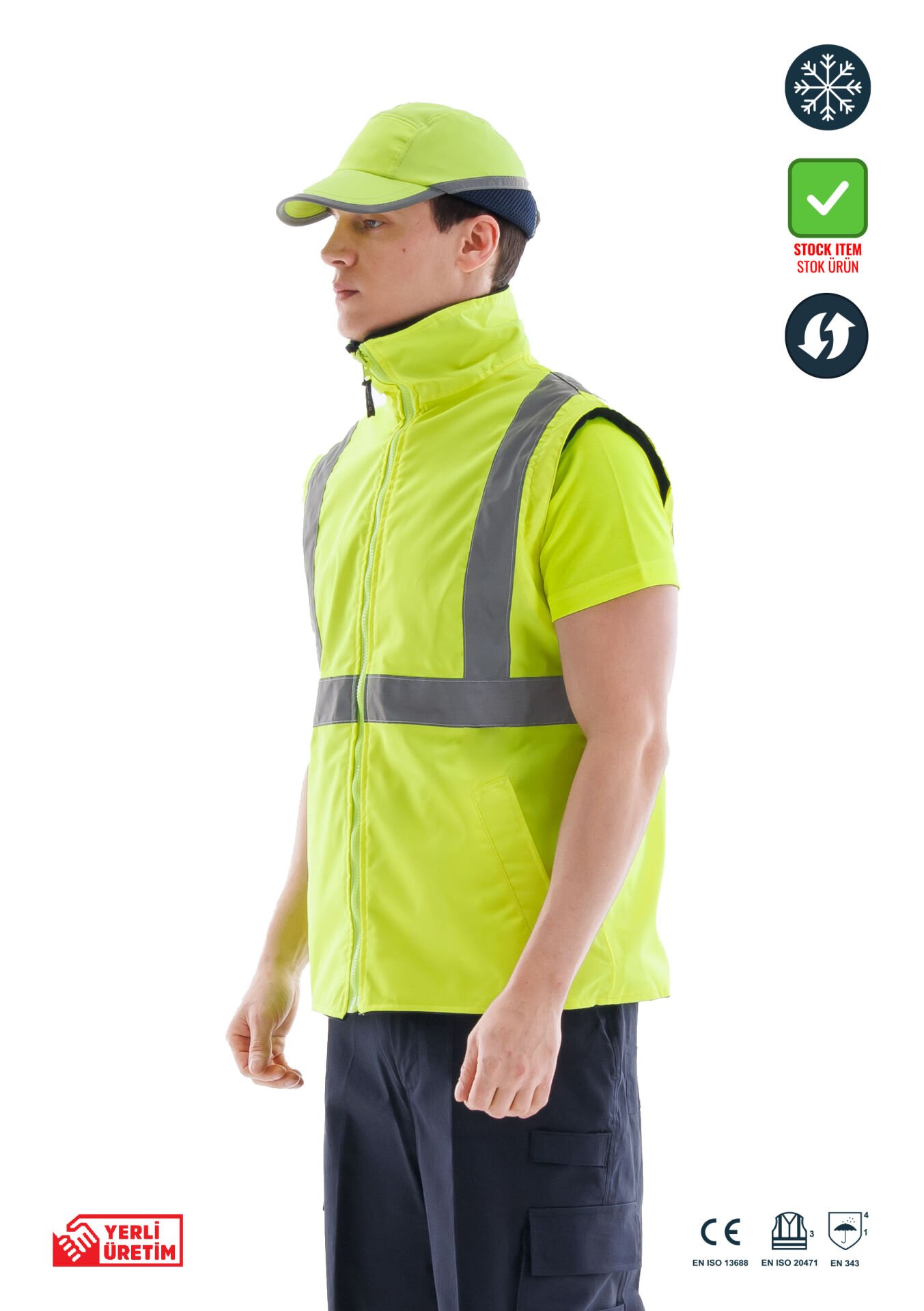 SafeSawa Alaska Hi-Vis 2 in 1 Yelek Neon Sarı Reflektörlü %100 Polyester 300D Oxford PU Kaplı