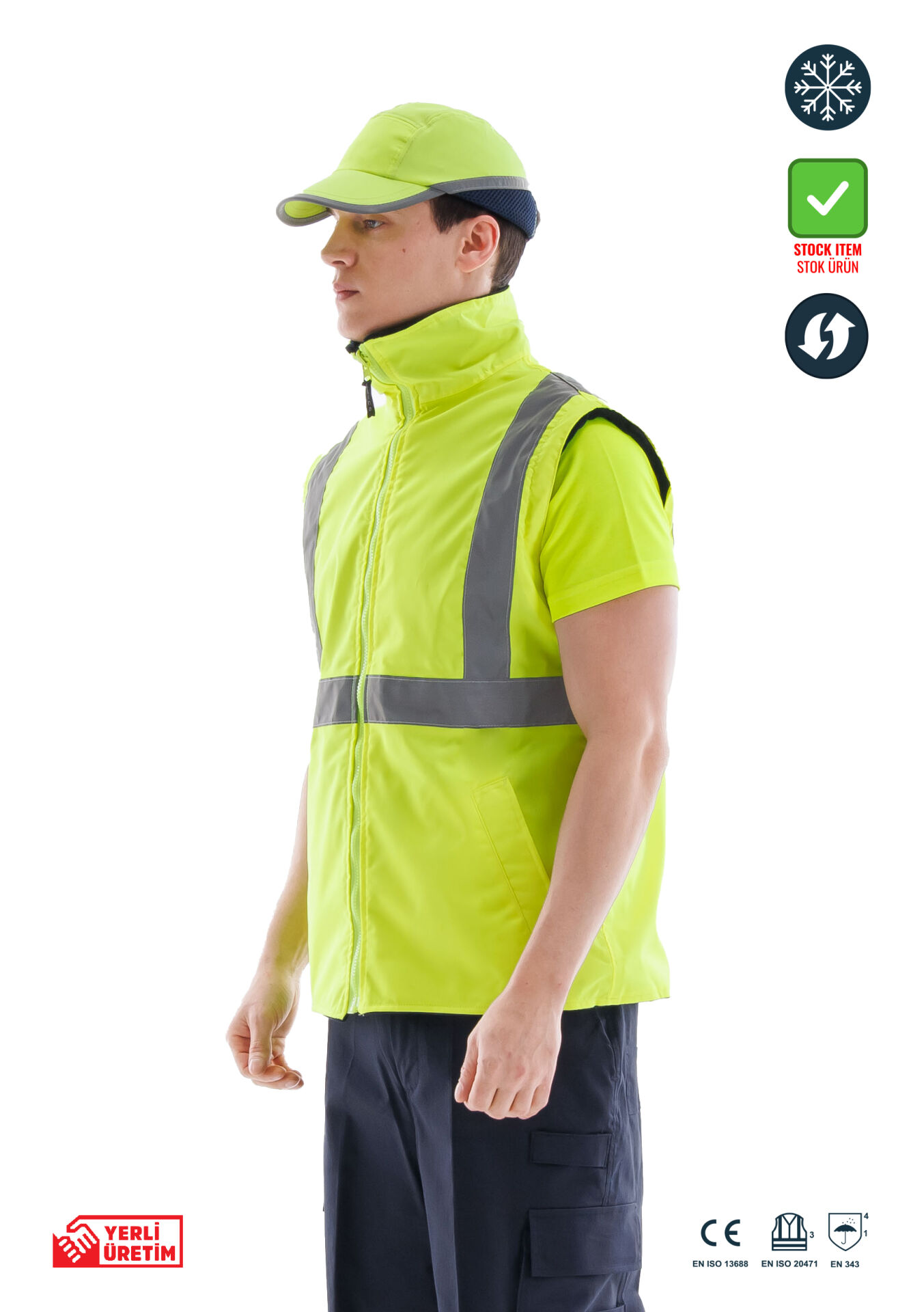 SafeSawa Alaska Hi-Vis 2 in 1 Yelek Neon Sarı Reflektörlü %100 Polyester 300D Oxford PU Kaplı