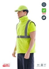 SafeSawa Alaska Hi-Vis 2 in 1 Yelek Neon Sarı Reflektörlü %100 Polyester 300D Oxford PU Kaplı