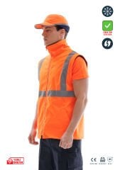 SafeSawa Alaska Hi-Vis 2 in 1 Yelek Neon Turuncu Reflektörlü %100 Polyester 300D Oxford PU Kaplı