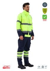 SafeSawa Alaska Hi-Vis 2 in 1 Mont Neon Sarı Lacivert Reflektörlü %100 Polyester 300D Oxford PU Kaplı