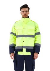 SafeSawa Alaska Hi-Vis 2 in 1 Mont Neon Sarı Lacivert Reflektörlü %100 Polyester 300D Oxford PU Kaplı