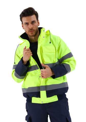 SafeSawa Alaska Hi-Vis 2 in 1 Mont Neon Sarı Lacivert Reflektörlü %100 Polyester 300D Oxford PU Kaplı