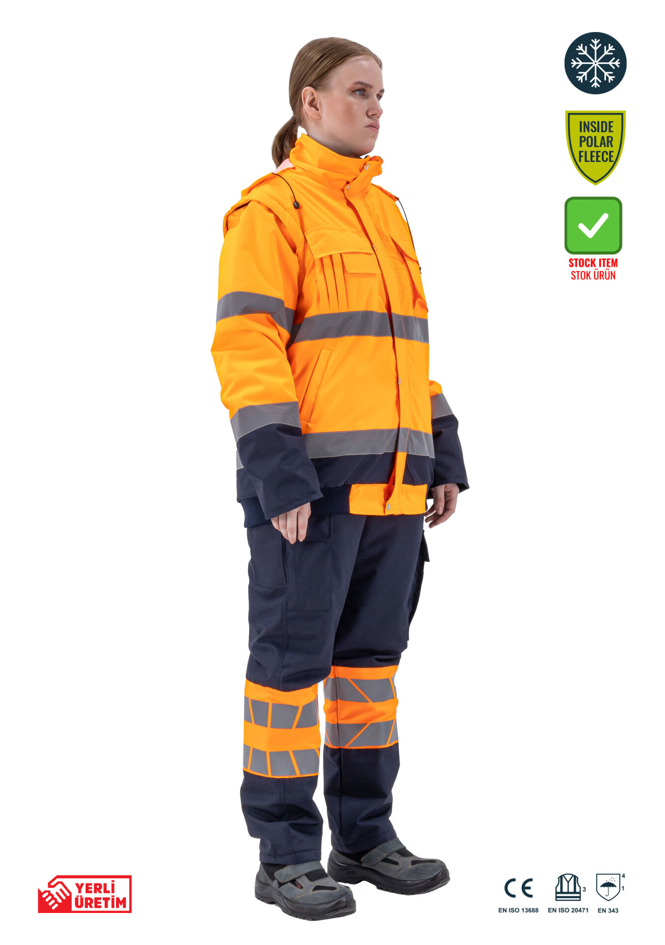 SafeSawa Alaska Hi-Vis 2 in 1 Mont Neon Turuncu Lacivert Reflektörlü %100 Polyester 300D Oxford PU Kaplı