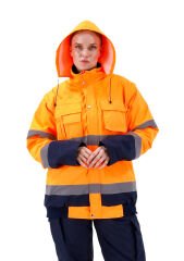 SafeSawa Alaska Hi-Vis 2 in 1 Mont Neon Turuncu Lacivert Reflektörlü %100 Polyester 300D Oxford PU Kaplı