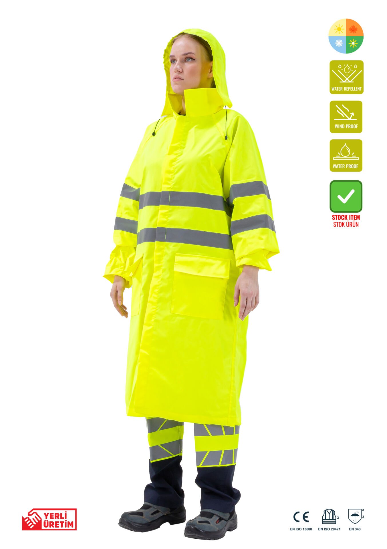 SafeSawa Alaska Hi-Vis Yağmurluk Neon Sarı Reflektörlü %100 Polyester 1500D Oxford PU Kaplı Çantalı
