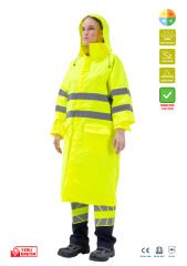 SafeSawa Alaska Hi-Vis Yağmurluk Neon Sarı Reflektörlü %100 Polyester 1500D Oxford PU Kaplı Çantalı