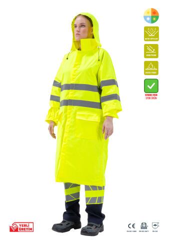 SafeSawa Alaska Hi-Vis Yağmurluk Neon Sarı Reflektörlü %100 Polyester 1500D Oxford PU Kaplı Çantalı