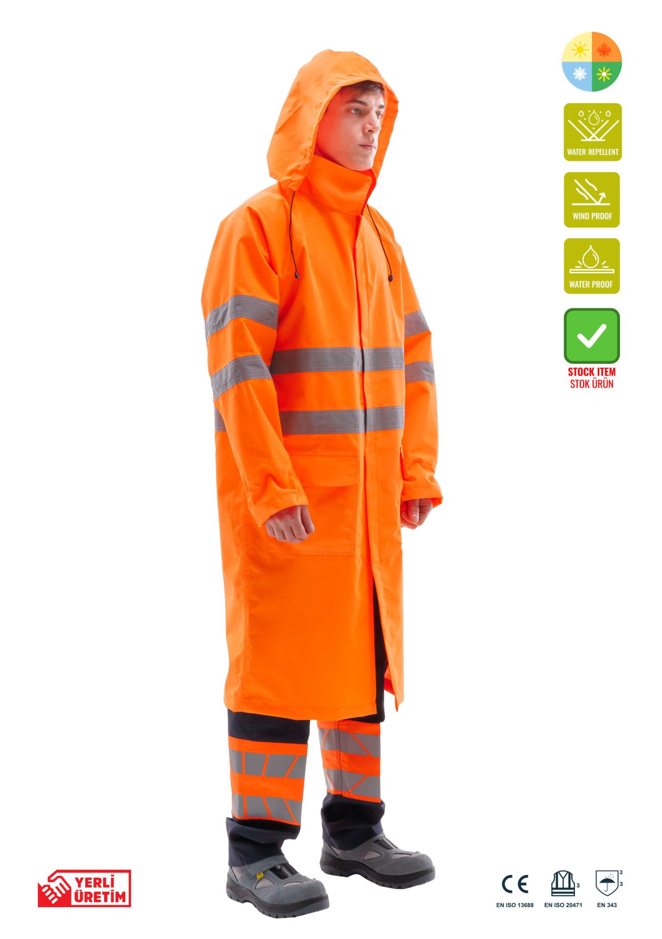 SafeSawa Alaska Hi-Vis Yağmurluk Neon Turuncu Reflektörlü %100 Polyester 1500D Oxford PU Kaplı Çantalı