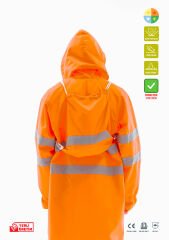 SafeSawa Alaska Hi-Vis Yağmurluk Neon Turuncu Reflektörlü %100 Polyester 1500D Oxford PU Kaplı Çantalı