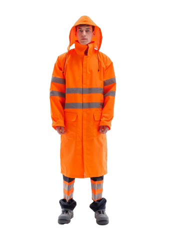 SafeSawa Alaska Hi-Vis Yağmurluk Neon Turuncu Reflektörlü %100 Polyester 1500D Oxford PU Kaplı Çantalı