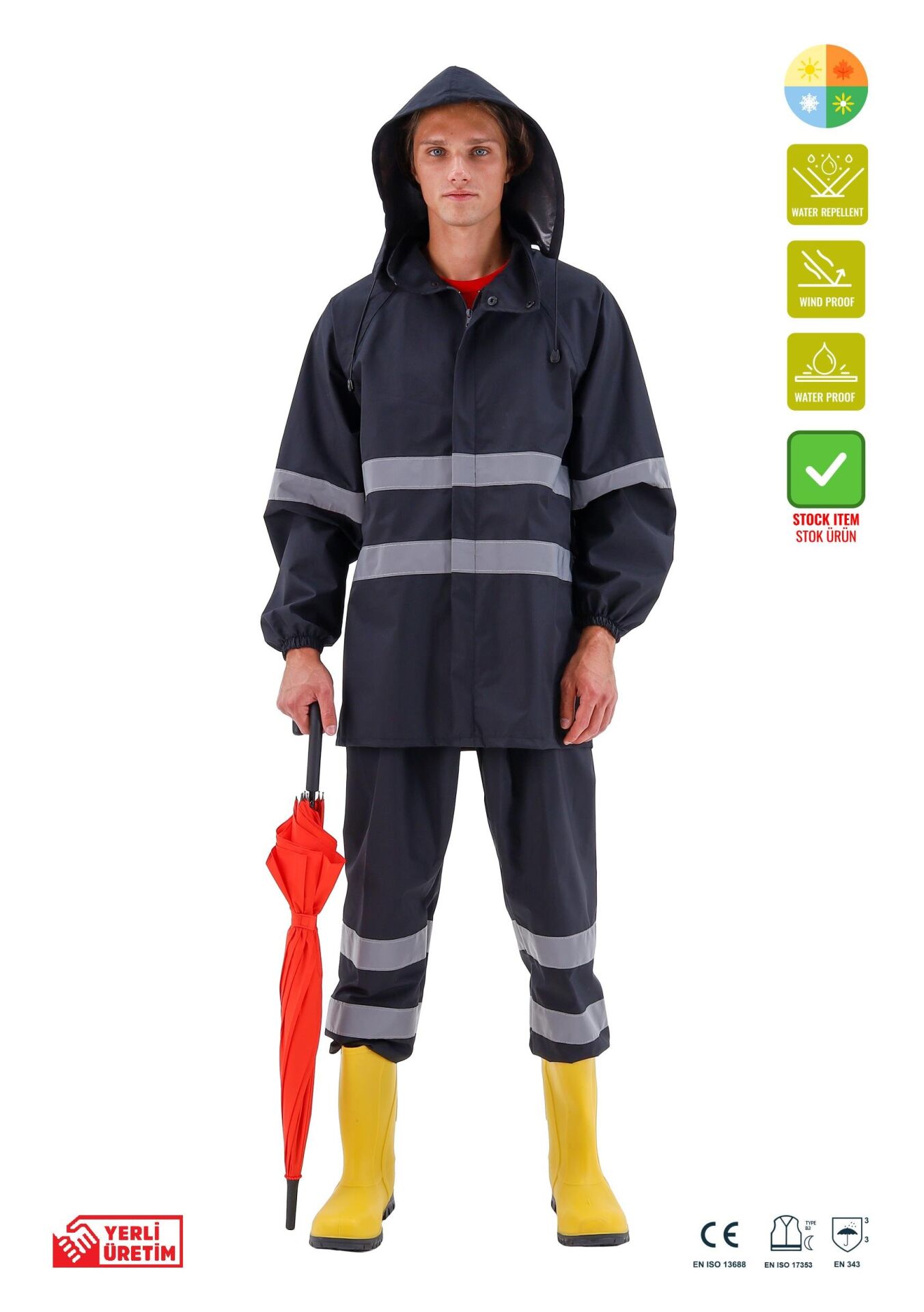 SafeSawa Ripstop Yağmurluk Pantolon Ceket Takım Siyah Reflektörlü %100 Polyester ve PU Kaplı