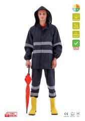 SafeSawa Ripstop Yağmurluk Pantolon Ceket Takım Siyah Reflektörlü %100 Polyester ve PU Kaplı
