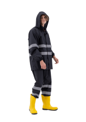 SafeSawa Ripstop Yağmurluk Pantolon Ceket Takım Siyah Reflektörlü %100 Polyester ve PU Kaplı
