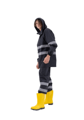 SafeSawa Ripstop Yağmurluk Pantolon Ceket Takım Siyah Reflektörlü %100 Polyester ve PU Kaplı