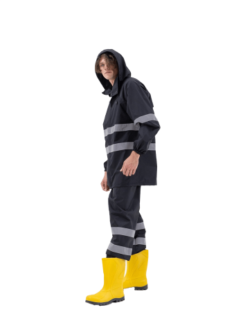 SafeSawa Ripstop Yağmurluk Pantolon Ceket Takım Siyah Reflektörlü %100 Polyester ve PU Kaplı